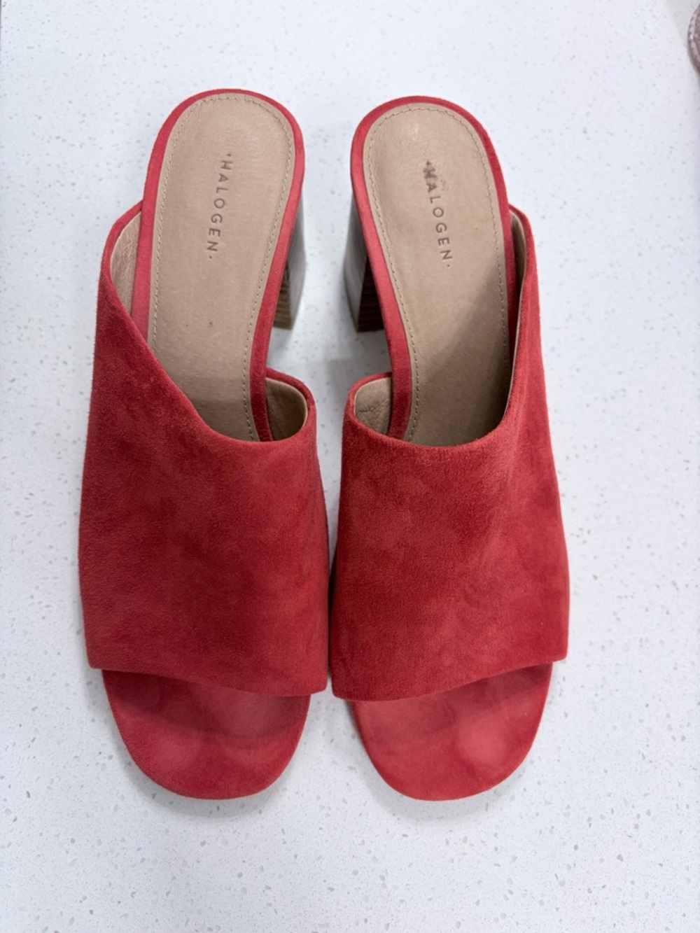 Halogen Coral-Red Suede Open-Toe Block Heel Mules